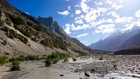Landscape of K2 trekking trail in Karakoram range, Trekking along the Braldu River in the Karakorum Mountains in Northern Pakistanの写真素材