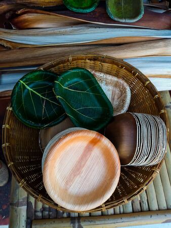 Dish from natural materials, eco friendly disposable dish made from natural leaf. compostable tableware for reducing waste in environmentの写真素材