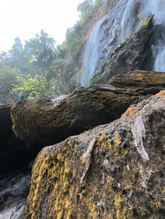 Waterfall in the forest, Mossy rocks and waterfall in the deep forest on the mountainの写真素材