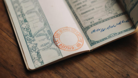 An open passport showing visa pages with stamps and official markings, resting on a wooden surface.
