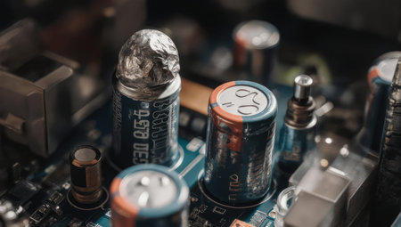 Macro shot of a blown capacitor on a green circuit board, highlighting electronic components and potential failure.