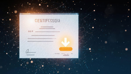 A digital certificate with a download button, set against a space-themed background with stars and a glowing effect.