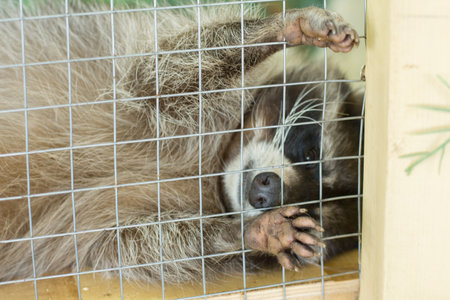 Fluffy raccoon crying in a cage. Keeping wild animals in captivity is not allowed. Wildlife protection.の写真素材