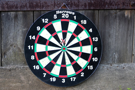 Dartboard against old tree background. Two darts hit the target of a dart board. Bad shots on target...