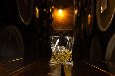Glass of whiskey with ice on old wooden barrel. Glass of whiskey with ice on table against wooden...