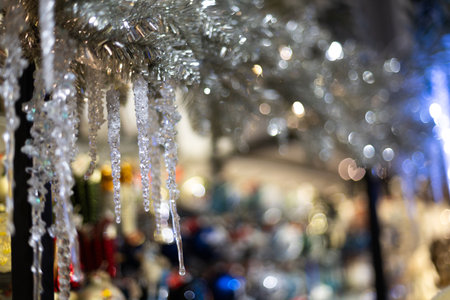 Christmas decorations close-up. Glass toys at the Christmas marketの写真素材