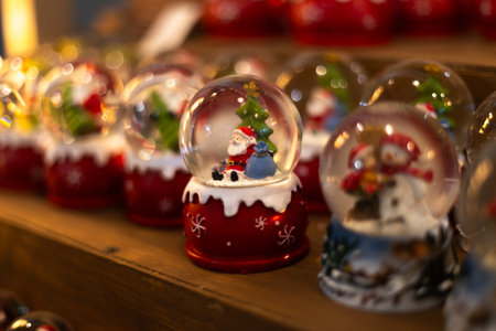 Christmas decorations close-up. Glass toys at the Christmas market