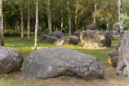 A cluster of huge boulders in a sunny autumn meadowの写真素材