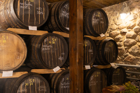 Barrels of whiskey or brandy at a traditional winery. Wine barrel cellar. Alcohol production.