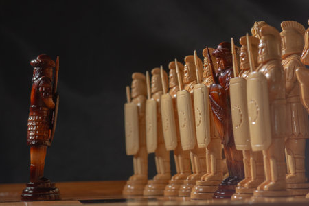 Large wooden chess pieces on black background. Beautiful chess pieces are built on the boardの写真素材