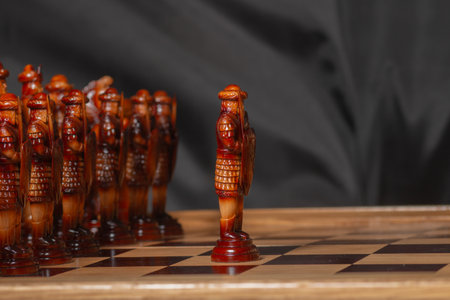Large wooden chess pieces on black background. Beautiful chess pieces are built on the boardの写真素材