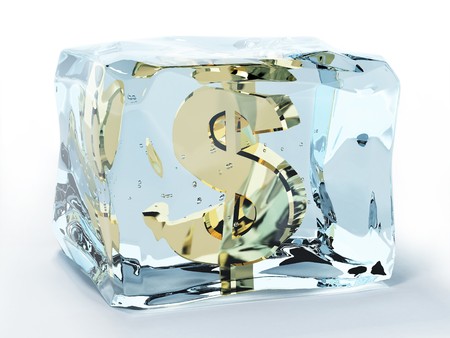 golden dollar frozen in ice cubeの写真素材