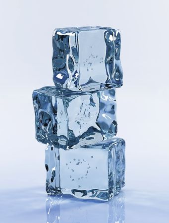 three ice cubes on blue background