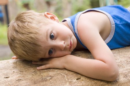 cute little boy on a broken treeの写真素材
