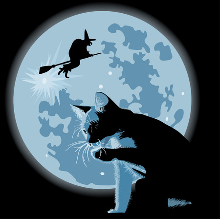 halloween theme with cat and witch against full moonのイラスト素材