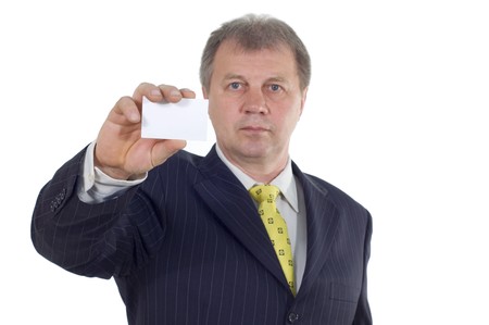 Businessman with visiting card isolated on white backgroundの写真素材