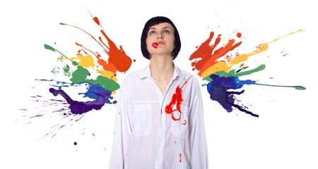 girl with lipstick trace, heart wound and rainbow paint wings in white shirt