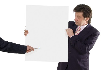 business man show on blank cardboard isolated on white backgroundの写真素材