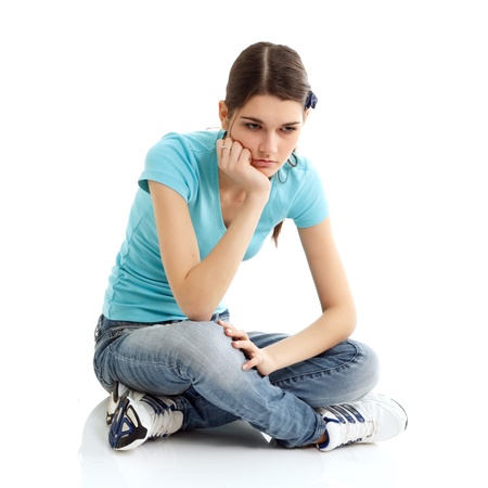 depression teen girl cried lonely isolated on white backgroundの写真素材