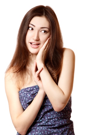beautiful young smiling teen girl happy ecstatic gesturing surprise. Isolated on whiteの写真素材