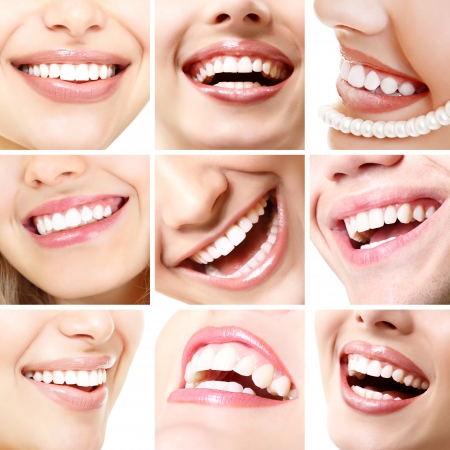 Perfect smiles. Collection of beautiful wide human smile with great healthy white teeth. Set isolated over white background の写真素材