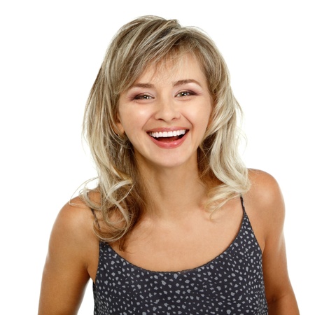 happy smiling woman portrait mid adult, attractive caucasian middle 40 years old woman over whiteの写真素材