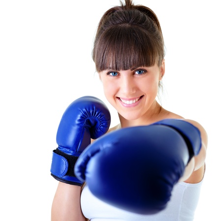 sport young woman happy smiling in boxing gloves, face of fitness girl studio shot over white backgroundの写真素材