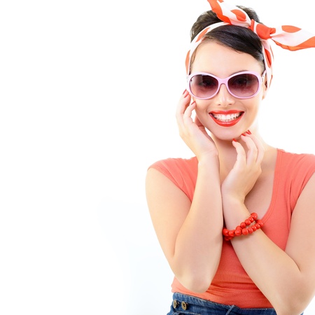 Pinup girl, portrait of young happy sexy woman in pin-up style, over whiteの写真素材