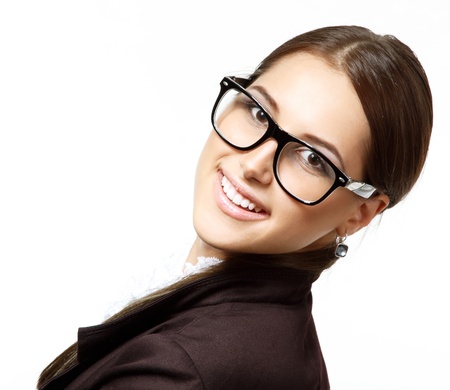 portrait of attractive business woman with glasses, isolated on white, studio の写真素材