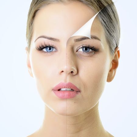 anti-aging concept, portrait of beautiful woman with problem and clean skin, aging and youth concept, beauty treatmentの写真素材