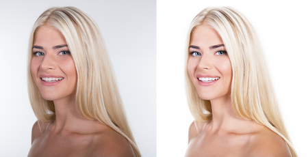 Retouch - face of beautiful young woman before and after retouch. Power of retouching.の写真素材