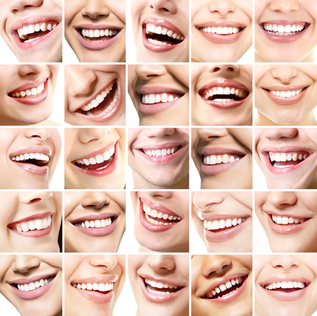Beautiful smiles set. Perfect wide smiles of young fresh women and men with great healthy white...