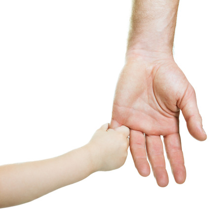 Hands. Father's and his son's hands. Dad and kid hands over white. Male and children hands closep, isolated on white background. Family, trust, protecting, care, parenting, parenthood concept.の写真素材