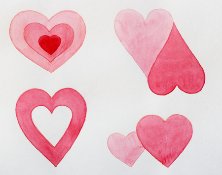 Hearts drawing. Watercolor of red and pink hearts. Watercolor drawing of St. Valentine's day, design elements. Abstract background of shapes of hearts.の写真素材
