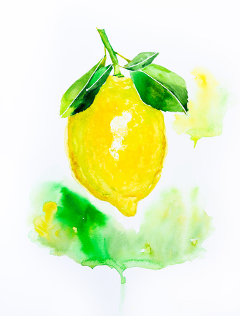 Yellow lemon with leaves. Fruit illustration. Bright print for fabric or wallpaper. Vibrant juicy ripe citrus fruitの写真素材