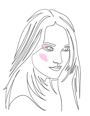 Fashion illustration of girl. Continuous line drawing of female face, minimalism, make-up, woman beauty, vector illustration for t-shirt design, print graphics style. Tattoo, logo. Woman's portrait.のイラスト素材