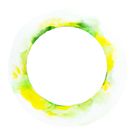 Abstract yellow and green circle watercolor background. Hand drawn watercolour illustration. Vivid art background. Round design element.の写真素材