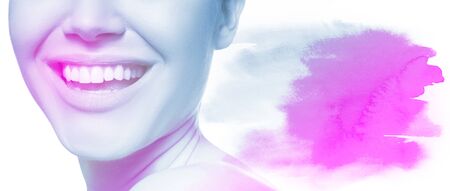 Laughing woman with great teeth with hand drawn watercolor element like copy space for text message over white background. Healthy beautiful female smile. Teeth health, whitening, prosthetics and care concept, image toned.の写真素材