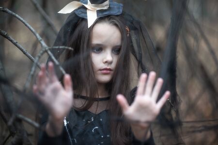 Llittle girl dressed in a witch dress and hat walks in fall forest among the web with spiders. Halloween horror. Witches in darknessの写真素材