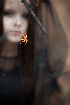 Beautiful little girl with long brunette hair, dressed in a witch dress and hat walks in fall forest, spider in web in foreground. Halloween horror. Witches in darknessの写真素材