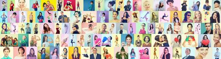 Diverse joyful persons of different age, gender and ethnicity.Collage of happy ecstatic gesturing happiness and success people on colored backgrounds. Human vivid emotions, facial positive expressions concept. Gladness, fullness of lifeの写真素材