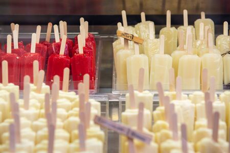 Ice cream in Sicily, Italy. Italian gelateria. Sicilian ice-cream cafe, show window with sweeties.