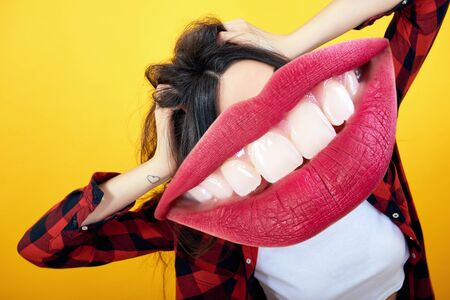 Collage in magazine style with happy excited emotions. Female smile instead of  her head. emotional...