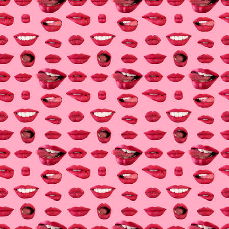 Seamless pattern of seductive beautiful female lips with different emotions. Emotional woman's mouth gestures, collage over pink background. Template for print, textile, box, wallpaper, cover designの写真素材