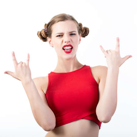 Pretty funny emotional teen in red top over white