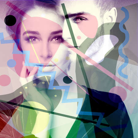 Beautiful young woman and handsome man, double exposure portrait. Couple in love.の写真素材