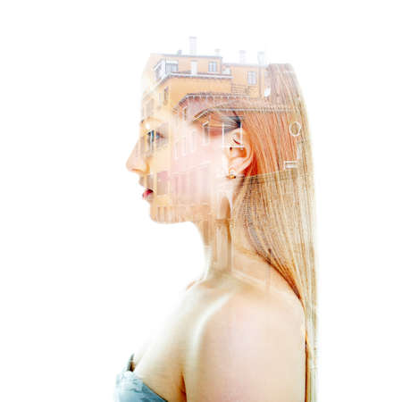Attractive young caucasian woman with long blond hair happy smiling. Double exposure portrait of...