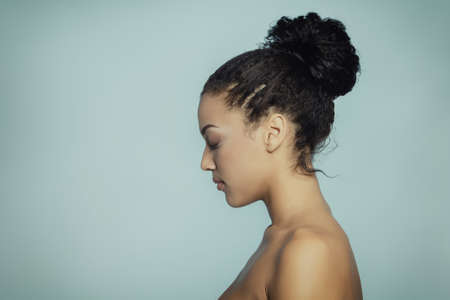 Young beautiful african american woman meditates or dreams, modern art