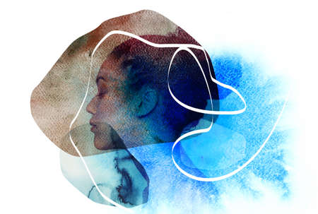 Double exposure of young beautiful african american woman meditates or dreams and original...