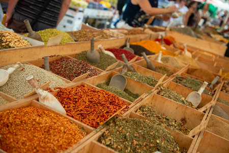 Spices are solding in outdoor market, Sicily, Italyの写真素材